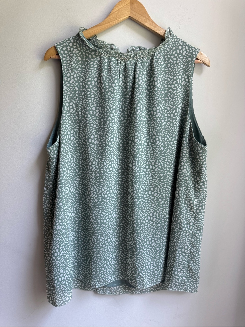 Sleeveless Ruffle Neck Tank Top in Sage Green Dot flowy ruffles boho